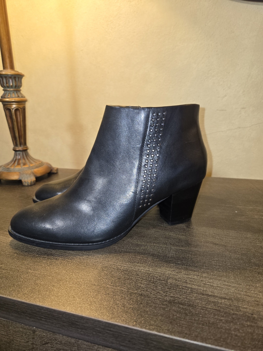 Vionic Black Leather Ankle Booties with Stud Accent